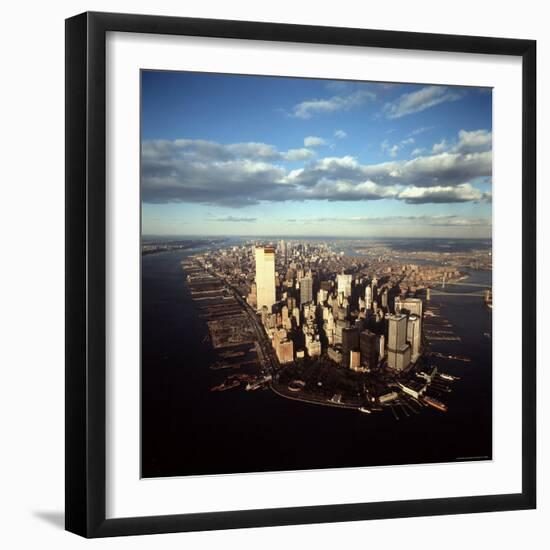 Aerial View of Lower Manhattan Skyline with Nearly Completed World Trade Center Towers-Henry Groskinsky-Framed Photographic Print