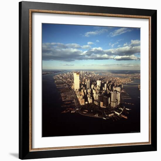 Aerial View of Lower Manhattan Skyline with Nearly Completed World Trade Center Towers-Henry Groskinsky-Framed Photographic Print