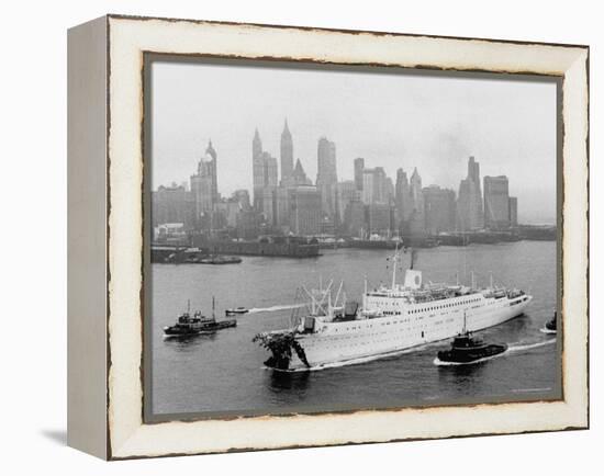 Aerial View of MS Stockholm Entering Harbor After Crash with SS Andrea Doria Against Skyline-Howard Sochurek-Framed Premier Image Canvas