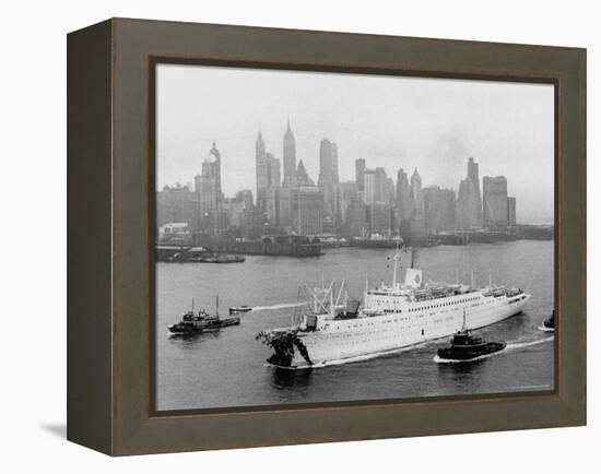 Aerial View of MS Stockholm Entering Harbor After Crash with SS Andrea Doria Against Skyline-Howard Sochurek-Framed Premier Image Canvas