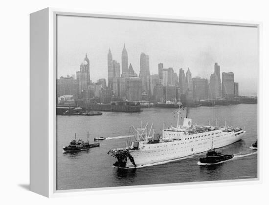 Aerial View of MS Stockholm Entering Harbor After Crash with SS Andrea Doria Against Skyline-Howard Sochurek-Framed Premier Image Canvas