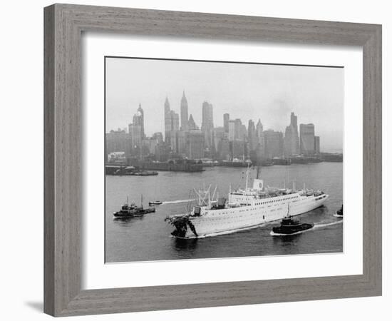 Aerial View of MS Stockholm Entering Harbor After Crash with SS Andrea Doria Against Skyline-Howard Sochurek-Framed Photographic Print