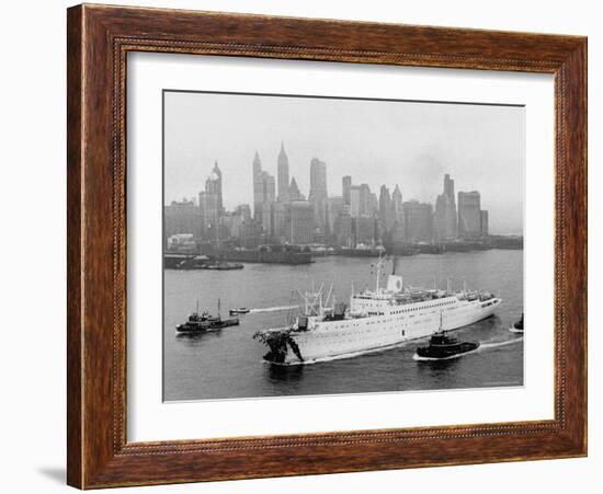 Aerial View of MS Stockholm Entering Harbor After Crash with SS Andrea Doria Against Skyline-Howard Sochurek-Framed Photographic Print