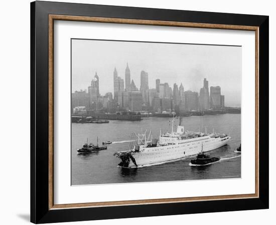 Aerial View of MS Stockholm Entering Harbor After Crash with SS Andrea Doria Against Skyline-Howard Sochurek-Framed Photographic Print