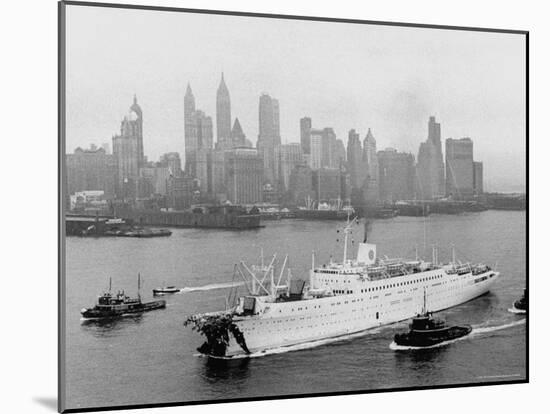 Aerial View of MS Stockholm Entering Harbor After Crash with SS Andrea Doria Against Skyline-Howard Sochurek-Mounted Photographic Print