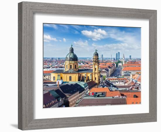 Aerial View of Munich over Theatine Church of St. Cajetan (Theatinerkirche St. Kajetan) and Odeonpl-f9photos-Framed Photographic Print