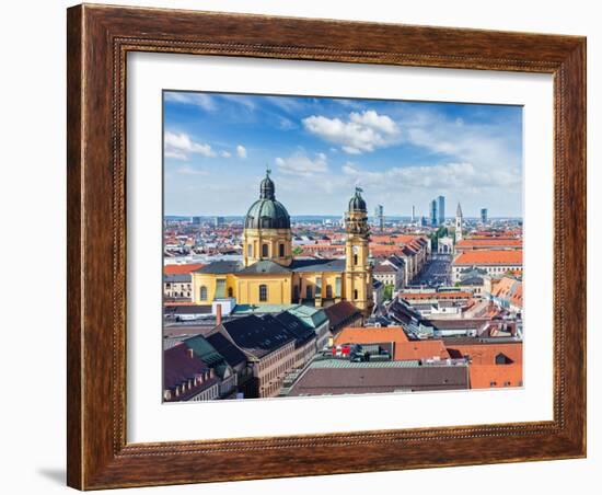 Aerial View of Munich over Theatine Church of St. Cajetan (Theatinerkirche St. Kajetan) and Odeonpl-f9photos-Framed Photographic Print