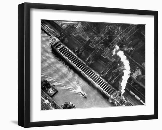 Aerial View of Pittsburgh Steamship Co. Ship Carrying Ore to Us Steel Plant-Margaret Bourke-White-Framed Photographic Print