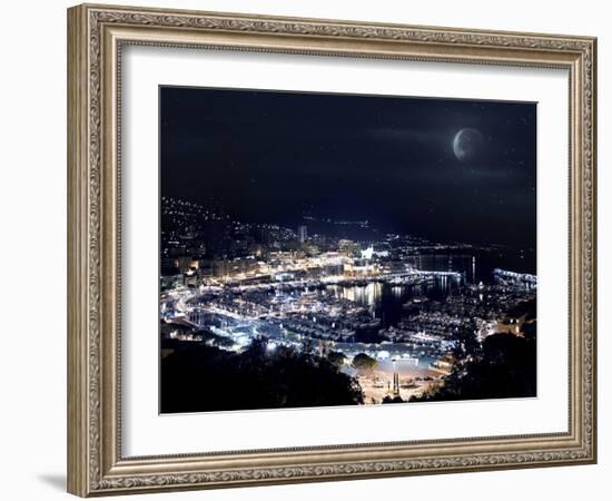 Aerial View of Port Hercules in Monaco at Night-null-Framed Photographic Print