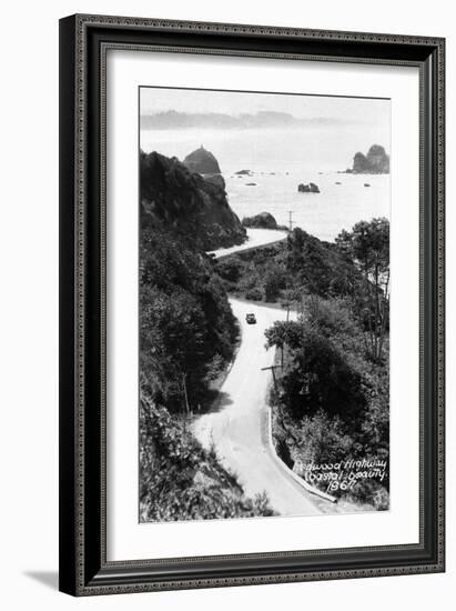 Aerial View of Redwood Highway with Old Car - California-Lantern Press-Framed Art Print