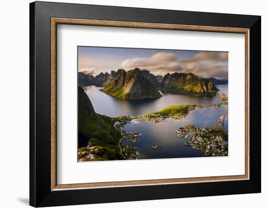 Aerial view of Reine village and fjords at sunset, Moskenesoya, Lofoten, Norway-Panoramic Images-Framed Photographic Print