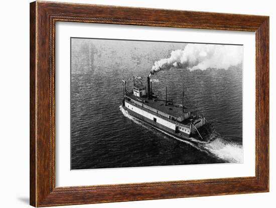 Aerial View of River Boat Skagit Bell Departing Dock - Seattle, WA-Lantern Press-Framed Art Print