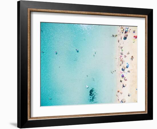 Aerial View of Sandy Beach with Tourists Swimming in Beautiful Clear Sea Water-paul prescott-Framed Photographic Print