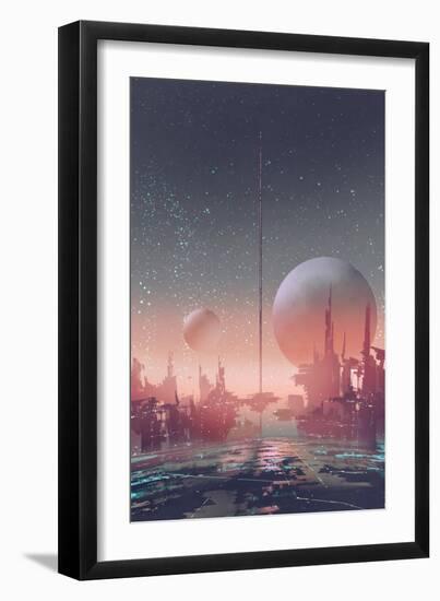 Aerial View of Sci-Fi City with Futuristic Buildings on an Alien Planet,Illustration Painting-Tithi Luadthong-Framed Art Print