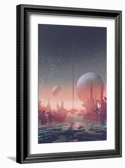 Aerial View of Sci-Fi City with Futuristic Buildings on an Alien Planet,Illustration Painting-Tithi Luadthong-Framed Art Print