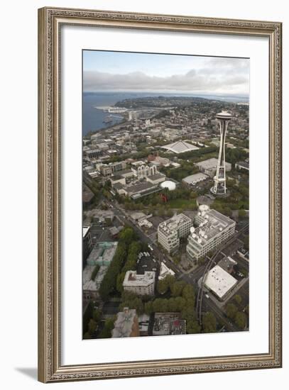 Aerial View of Seattle Center, Space Needle, and Puget Sound, Seattle, Washington, USA-Merrill Images-Framed Photographic Print