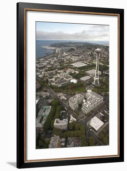 Aerial View of Seattle Center, Space Needle, and Puget Sound, Seattle, Washington, USA-Merrill Images-Framed Photographic Print