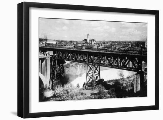 Aerial View of Spokane Falls and Monroe St Bridge No. 2 - Spokane, WA-Lantern Press-Framed Art Print