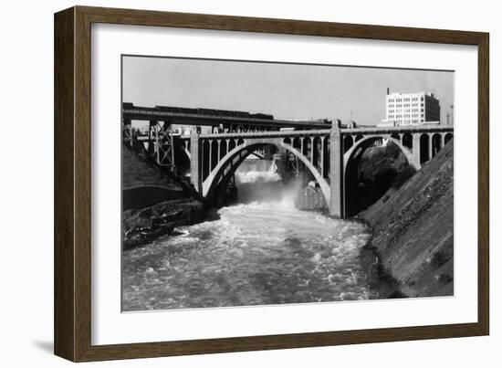 Aerial View of Spokane Falls and Monroe St Bridge - Spokane, WA-Lantern Press-Framed Art Print