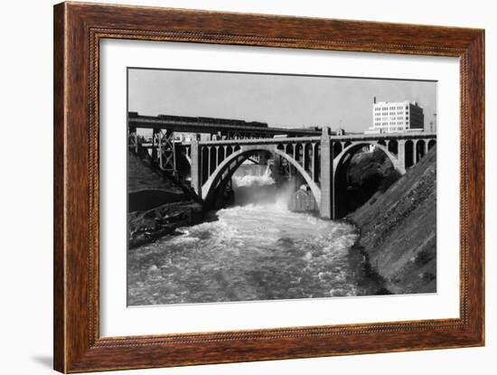 Aerial View of Spokane Falls and Monroe St Bridge - Spokane, WA-Lantern Press-Framed Art Print