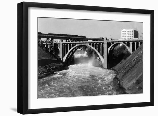 Aerial View of Spokane Falls and Monroe St Bridge - Spokane, WA-Lantern Press-Framed Art Print