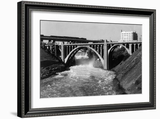 Aerial View of Spokane Falls and Monroe St Bridge - Spokane, WA-Lantern Press-Framed Art Print