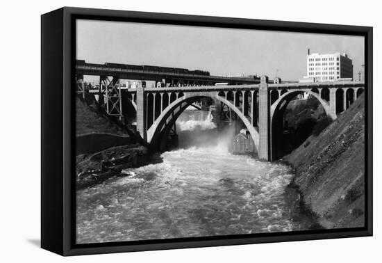 Aerial View of Spokane Falls and Monroe St Bridge - Spokane, WA-Lantern Press-Framed Stretched Canvas