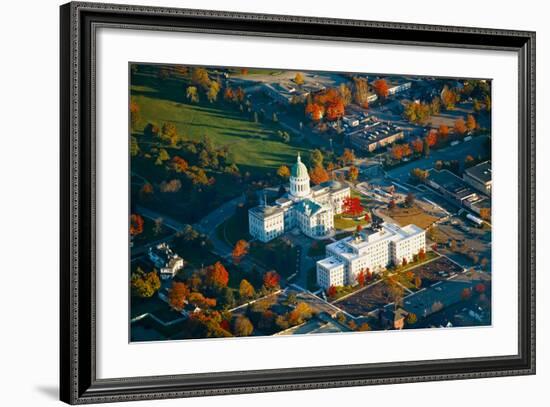 Aerial view of State Capital building and autumn color in Augusta, Maine-null-Framed Photographic Print