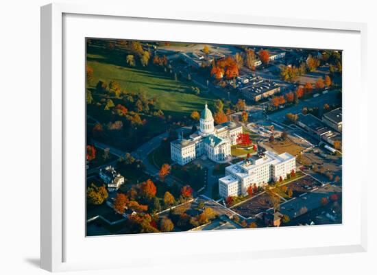 Aerial view of State Capital building and autumn color in Augusta, Maine-null-Framed Photographic Print