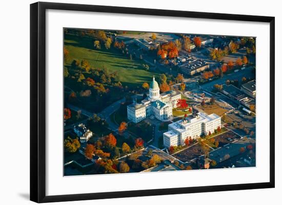 Aerial view of State Capital building and autumn color in Augusta, Maine-null-Framed Photographic Print