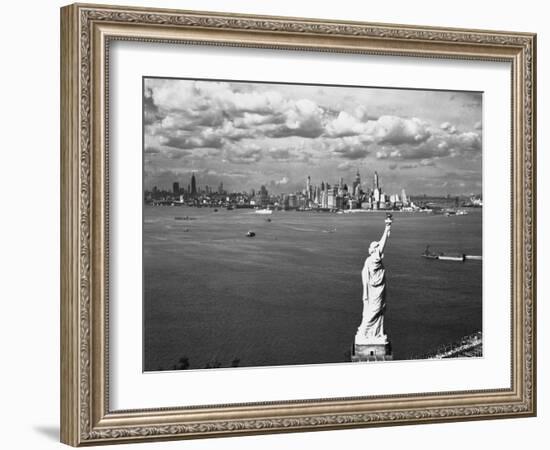 Aerial View of Statue of Liberty and New York City Skyline-null-Framed Photographic Print