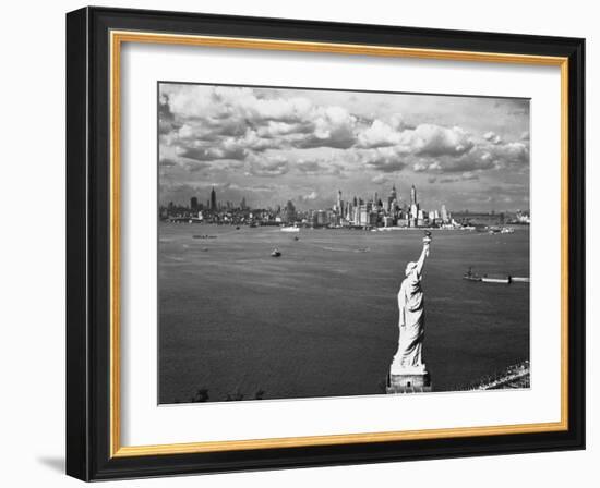 Aerial View of Statue of Liberty and New York City Skyline-null-Framed Photographic Print