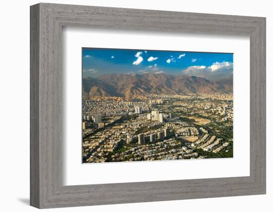 Aerial view of Tehran facing North towards the Alborz Mountains, Tehran, Iran, Middle East-James Strachan-Framed Photographic Print