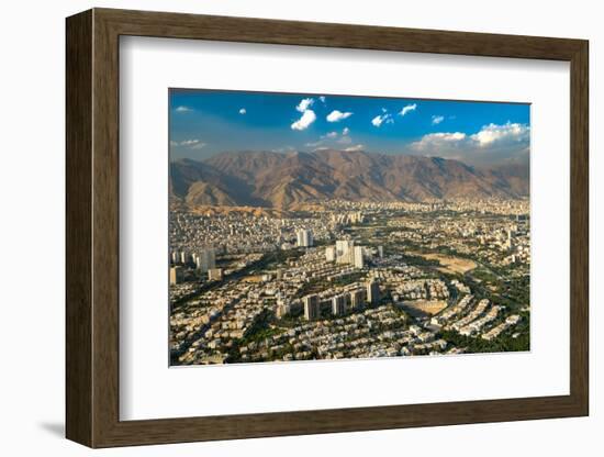 Aerial view of Tehran facing North towards the Alborz Mountains, Tehran, Iran, Middle East-James Strachan-Framed Photographic Print