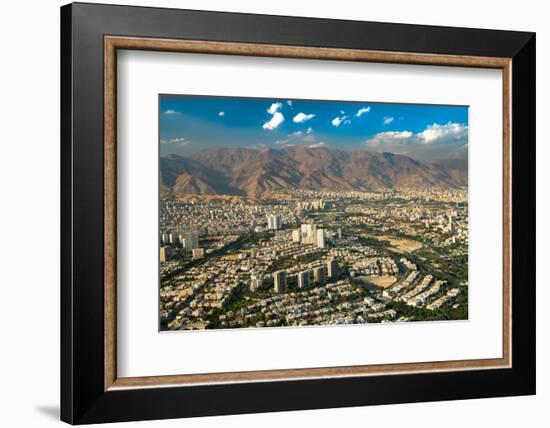 Aerial view of Tehran facing North towards the Alborz Mountains, Tehran, Iran, Middle East-James Strachan-Framed Photographic Print