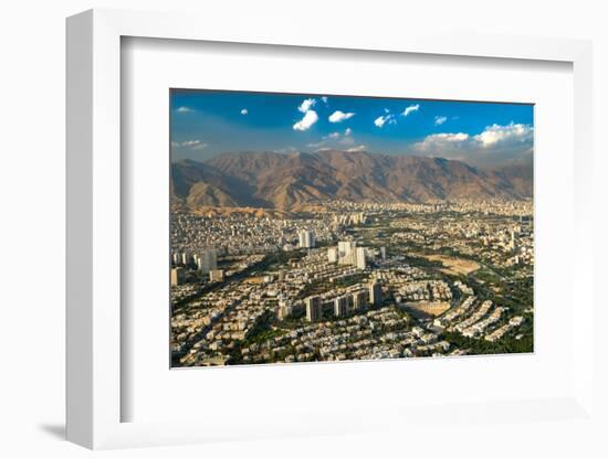 Aerial view of Tehran facing North towards the Alborz Mountains, Tehran, Iran, Middle East-James Strachan-Framed Photographic Print