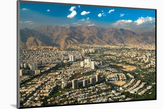 Aerial view of Tehran facing North towards the Alborz Mountains, Tehran, Iran, Middle East-James Strachan-Mounted Photographic Print