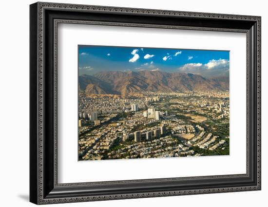 Aerial view of Tehran facing North towards the Alborz Mountains, Tehran, Iran, Middle East-James Strachan-Framed Photographic Print