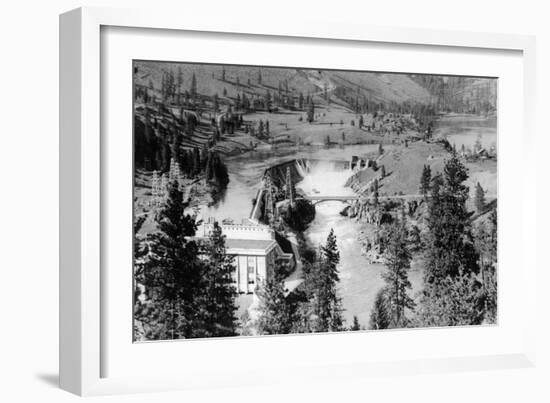Aerial View of the Falls on Spokane River - Spokane, WA-Lantern Press-Framed Art Print