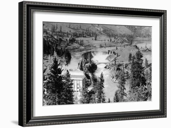 Aerial View of the Falls on Spokane River - Spokane, WA-Lantern Press-Framed Art Print