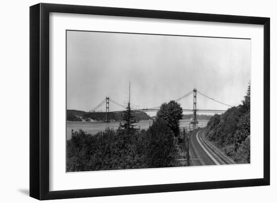 Aerial View of the Narrows Bridge - Tacoma, WA-Lantern Press-Framed Art Print