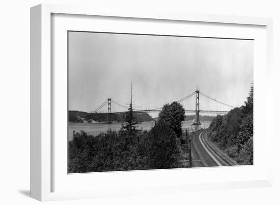 Aerial View of the Narrows Bridge - Tacoma, WA-Lantern Press-Framed Art Print