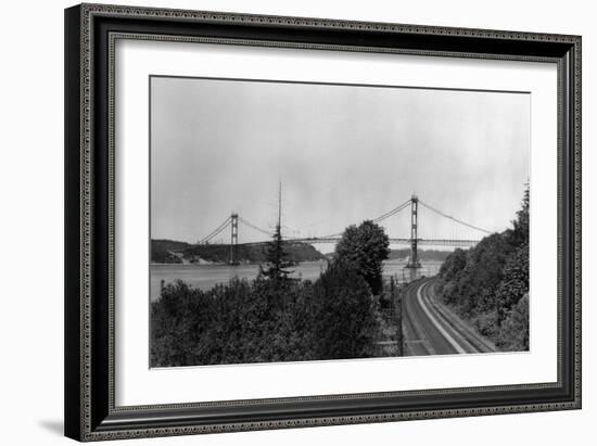 Aerial View of the Narrows Bridge - Tacoma, WA-Lantern Press-Framed Art Print