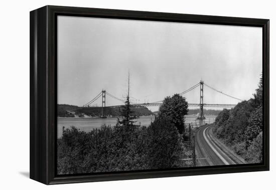 Aerial View of the Narrows Bridge - Tacoma, WA-Lantern Press-Framed Stretched Canvas