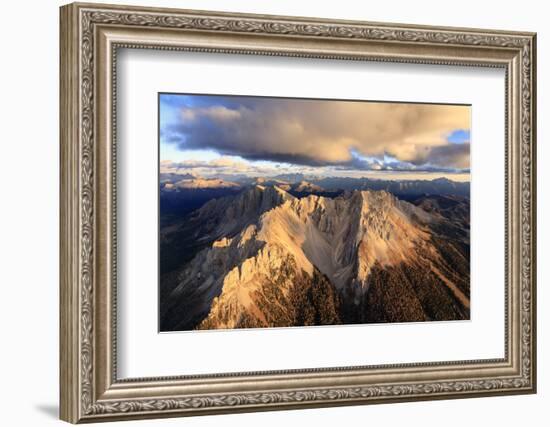 Aerial view of the rocky peaks of Latemar at sunset, Dolomites, South Tyrol, Italy, Europe-Roberto Moiola-Framed Photographic Print