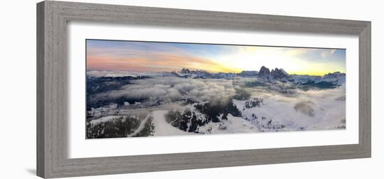 Aerial view of the snowcapped Sassolungo and Sassopiatto mountains at dawn, Seiser Alm-Roberto Moiola-Framed Photographic Print