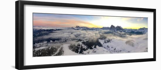 Aerial view of the snowcapped Sassolungo and Sassopiatto mountains at dawn, Seiser Alm-Roberto Moiola-Framed Photographic Print