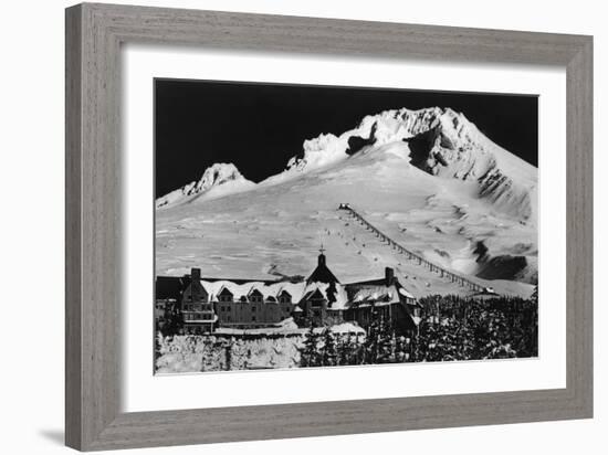 Aerial View of Timberline Lodge and Ski Lift - Mt. Hood, OR-Lantern Press-Framed Art Print