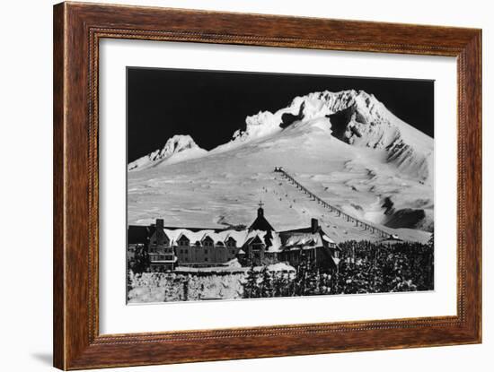 Aerial View of Timberline Lodge and Ski Lift - Mt. Hood, OR-Lantern Press-Framed Art Print