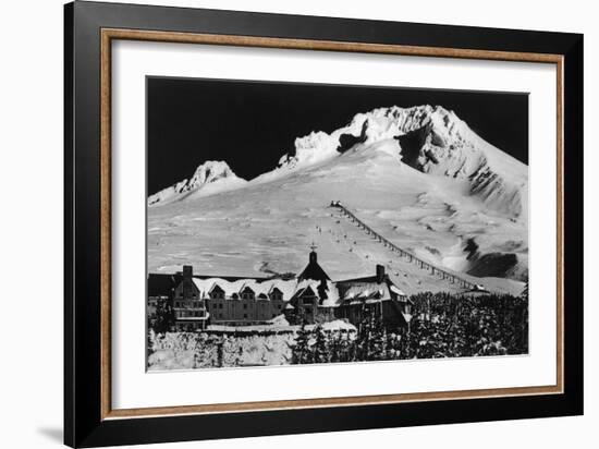 Aerial View of Timberline Lodge and Ski Lift - Mt. Hood, OR-Lantern Press-Framed Art Print